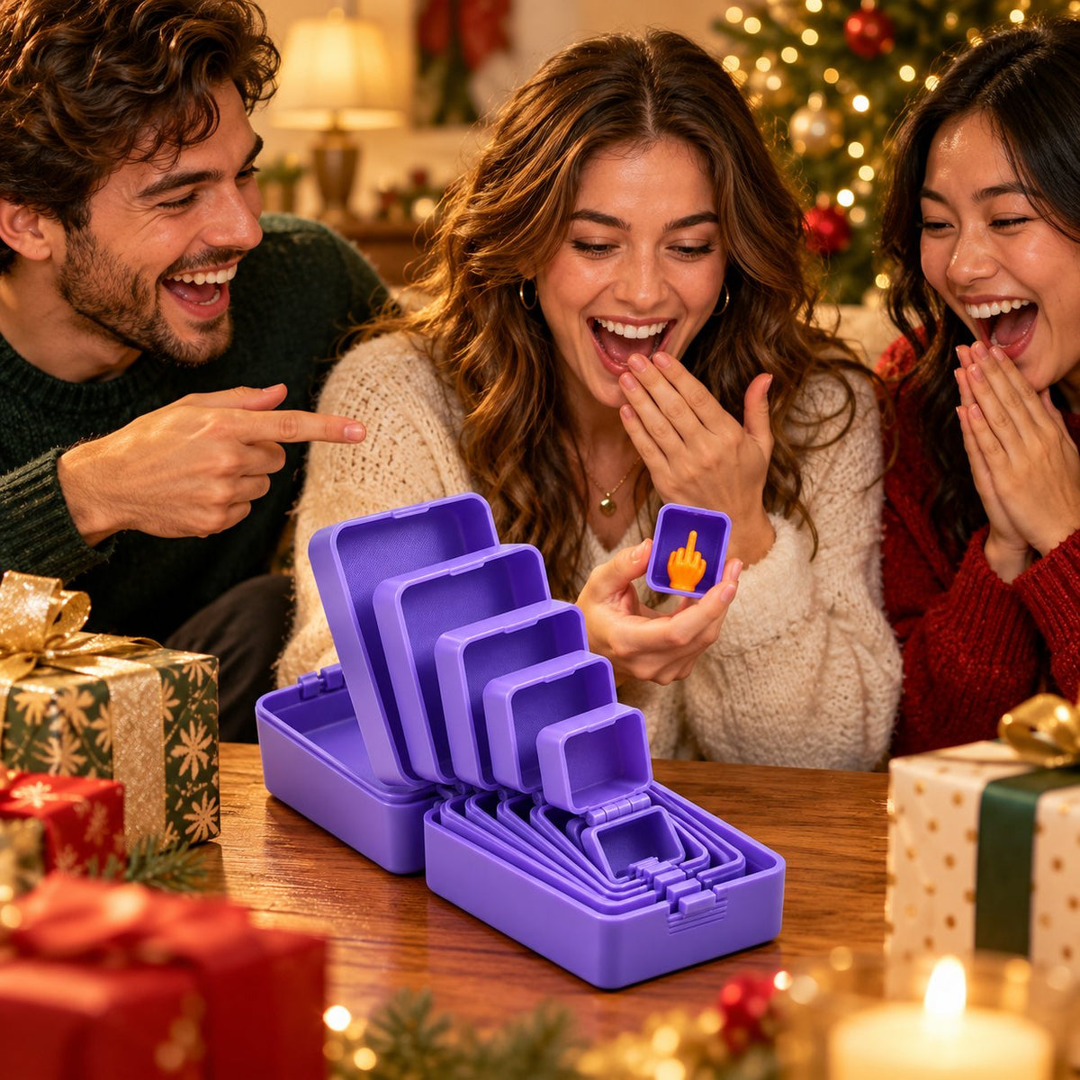 Friends laughing while opening the 6-layer prank gift box at Christmas