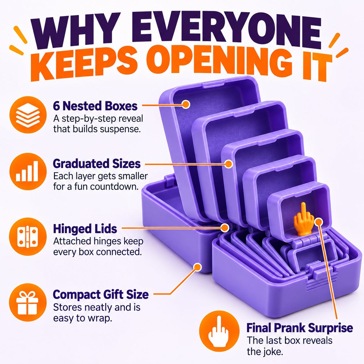 Prank gift box features: 6 nested boxes, graduated sizes, hinged lids, compact gift size